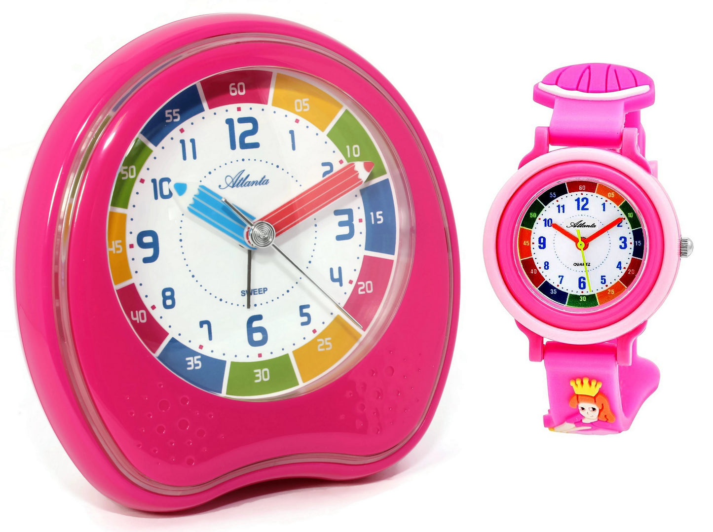 Im SET: Kinderwecker + Armbanduhr Prinzessin Rosa Mädchen - Atlanta 1953/17 KAU