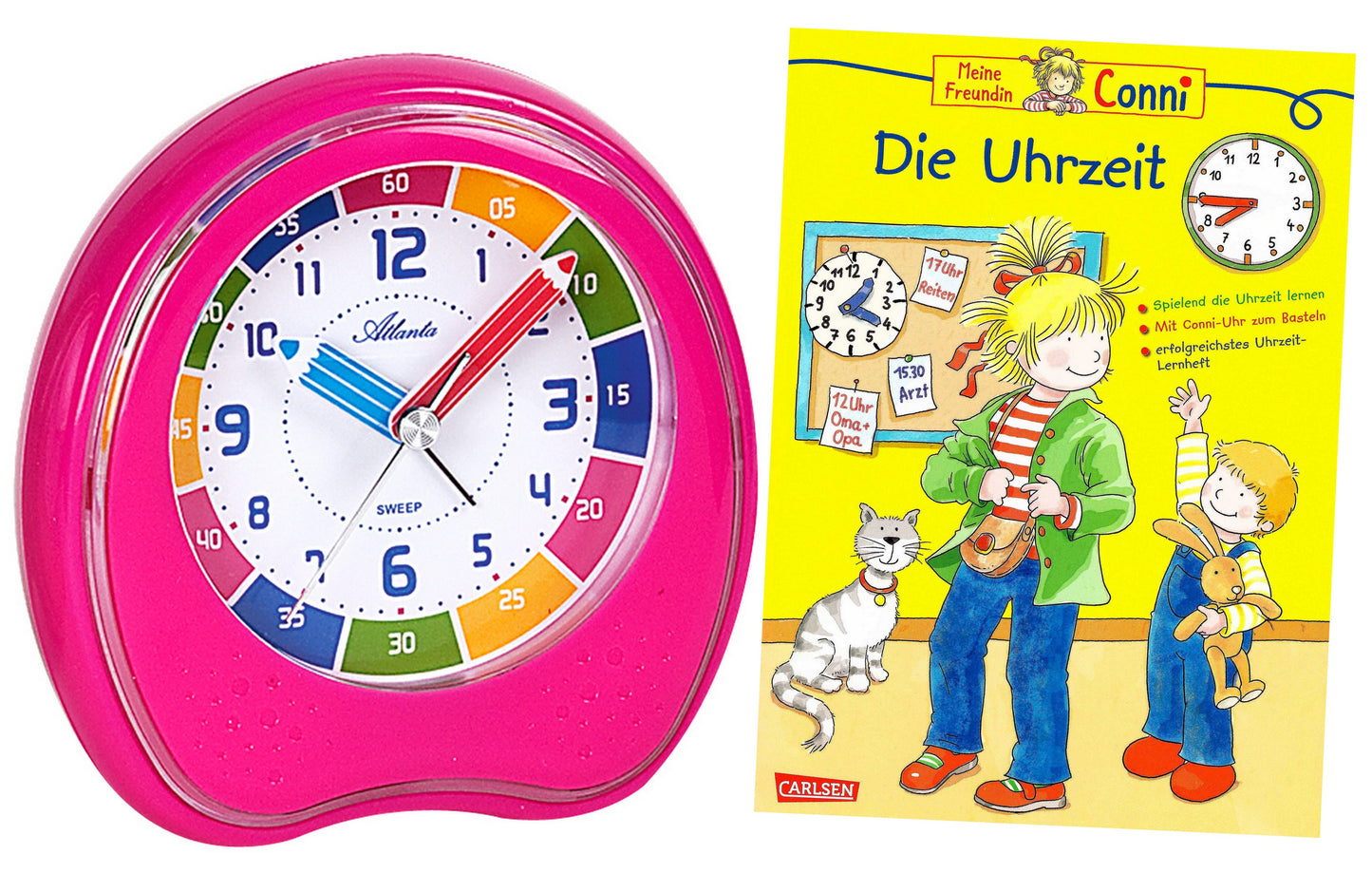 SET Kinderwecker mit Lernbuch Connie Uhrzeit lernen Rosa Mädchen - ATLANTA 1953/17 BU - R & S Electronic GmbH